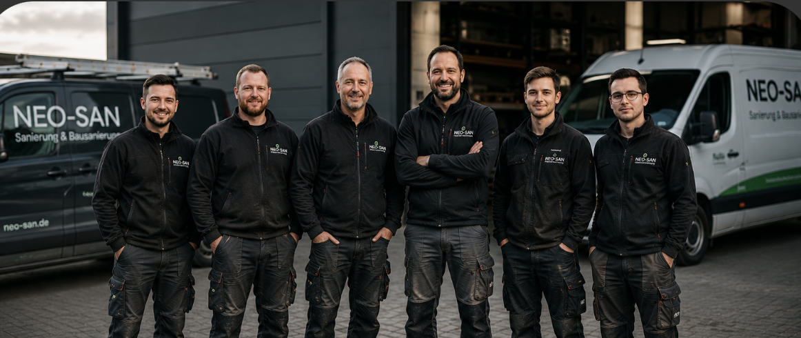 Das Team von NEO-SAN vor den Einsatzfahrzeugen — Jens Neumann mit seinen Kollegen