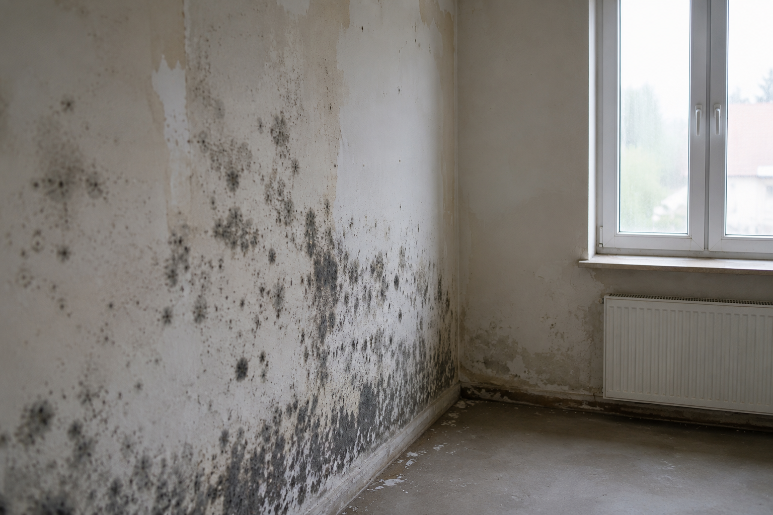Echter Schimmelbefall an einer Wohnraumwand mit Fenster und Heizkörper