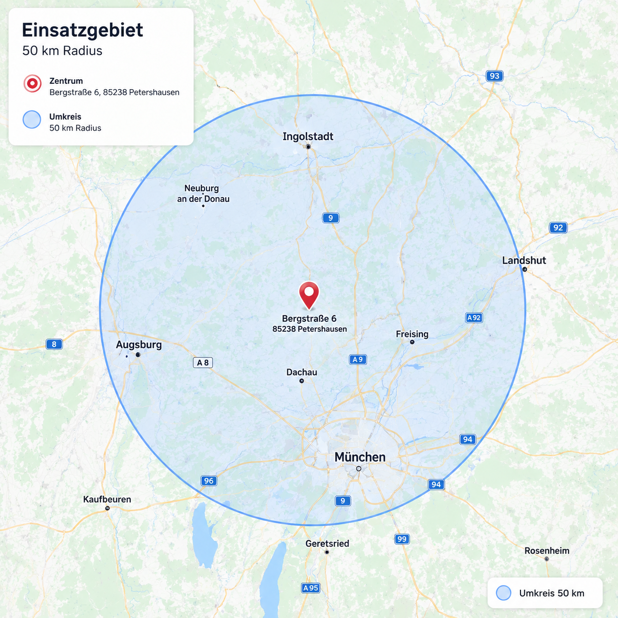 Einsatzgebiet NEO-SAN — 50 km Radius rund um Petershausen, Großraum München
